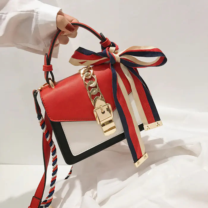 Color-Block Mini Handbag with Chain and Lock Closure