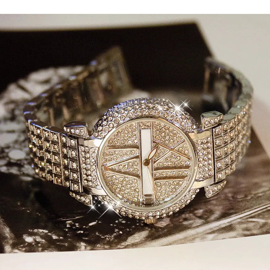 BS Women's Silver Rhinestone Watch with Full Diamonds
