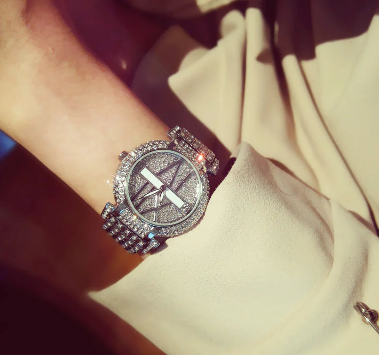 BS Women's Silver Rhinestone Watch with Full Diamonds