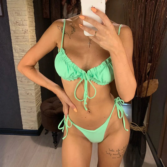 3 Colors Sexy Ruffled Frilled Two-Piece Bikini Swimwear