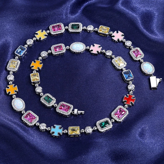 10mm 18K  Multicolor Gem Stone Enamel Cross Chain/Bracelet