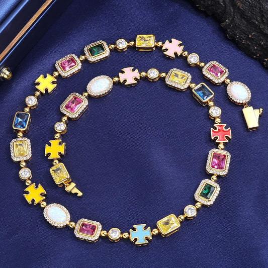10mm 18K  Multicolor Gem Stone Enamel Cross Chain/Bracelet